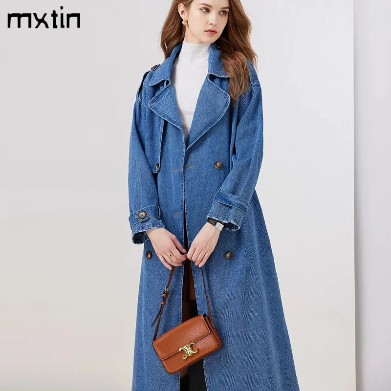 Hotsale Women's Jacket Vintage Autumn Denim Trench Double Breasted Long Coat Female Windbreaker Blue Casual Outerwear Tops