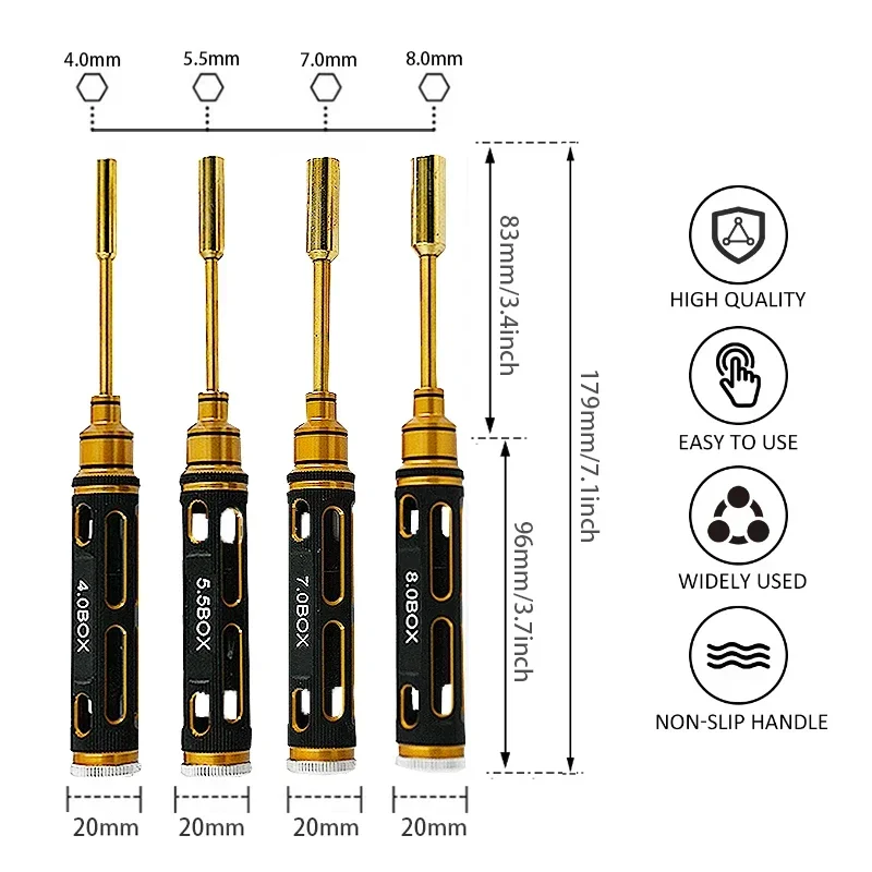 4-piece set / titanium alloy plating 4.0/5.5/7.0/8.0mm hex nut wrench socket tool kit for RC model car aircraft