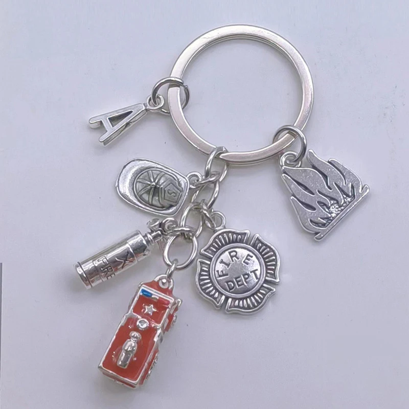 Fire truck fire extinguisher axe fire hat Fire department firefighter keychain keychain letter A-Z men's jewelry pendant