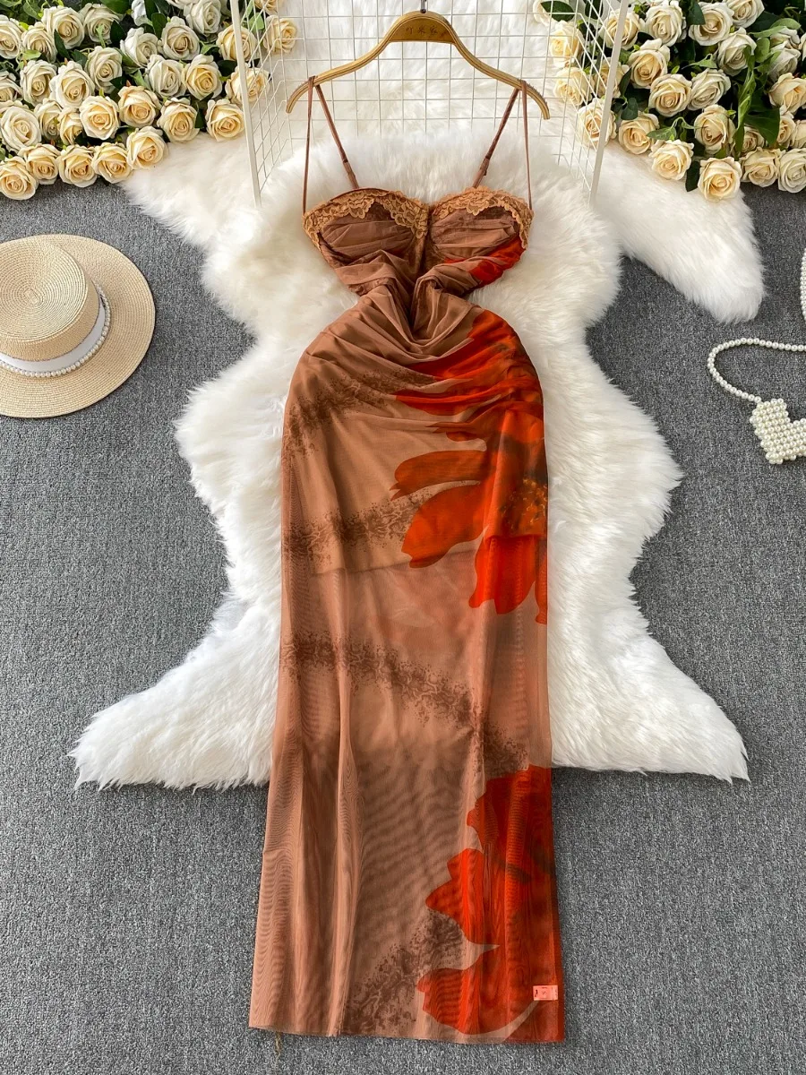 

Foamlina Fashion Elegant Niche Lace Trim Halter Dress Women Summer Mesh Pleated Print Cinched Waist Maxi Dress Boho