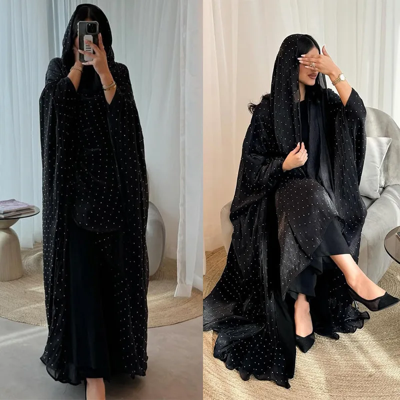 

Black Sparkle Dot Modest Abaya Set with Matching Hijab - Dubai Open Front Kaftan Dress