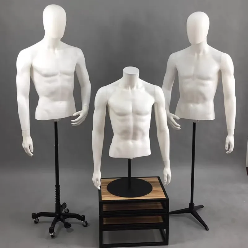 White Plastic Male Mannequin Half Body Torso Display Stand for Clothing Store Window Dressing Facial Dummy Table Model