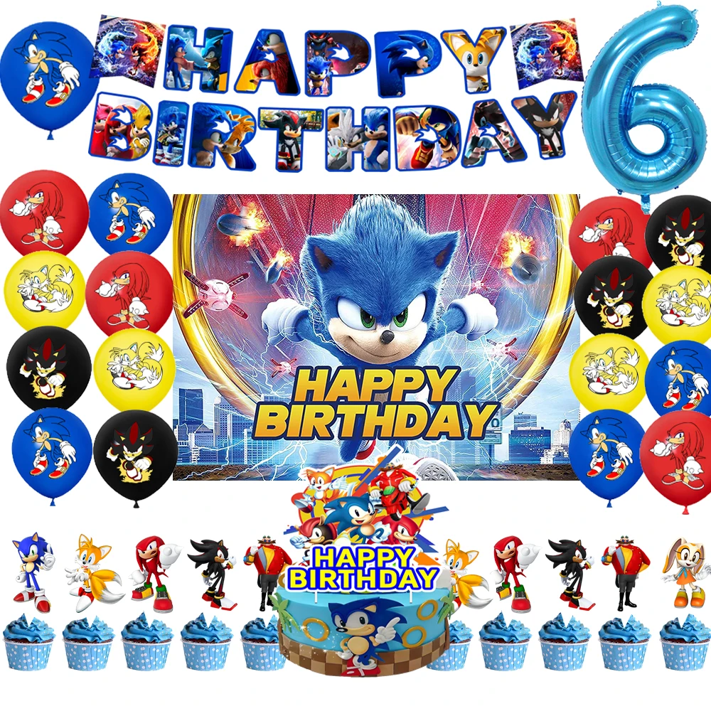 

New Cartoon Sonic Theme Birthday Party Decoration Blue Hedgehog Foil Balloons Cake toppers Banner Backdrop Kids Event Supplies