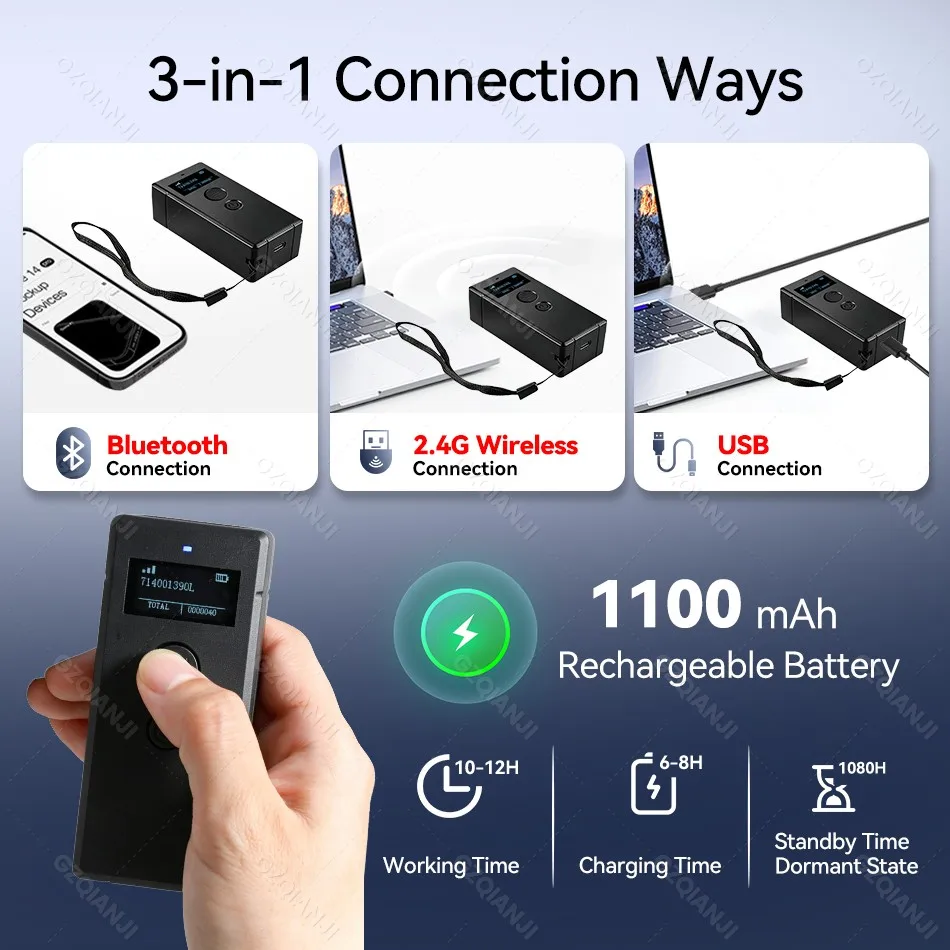 LCD Screen Bluetooth 2D Barcode Scanner with Display Support Mobile Phone iPad Wireless Barcode Reader 1D 2D QR Bar Code Machine