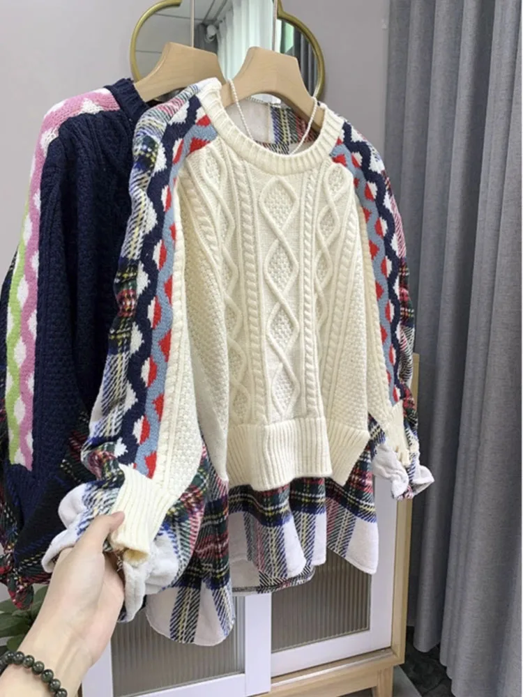 

Korean-style Cute Patchwork Knit Sweater Women's Loose Y2K Fashion Plaid Streetwear Women's Knit Sweater