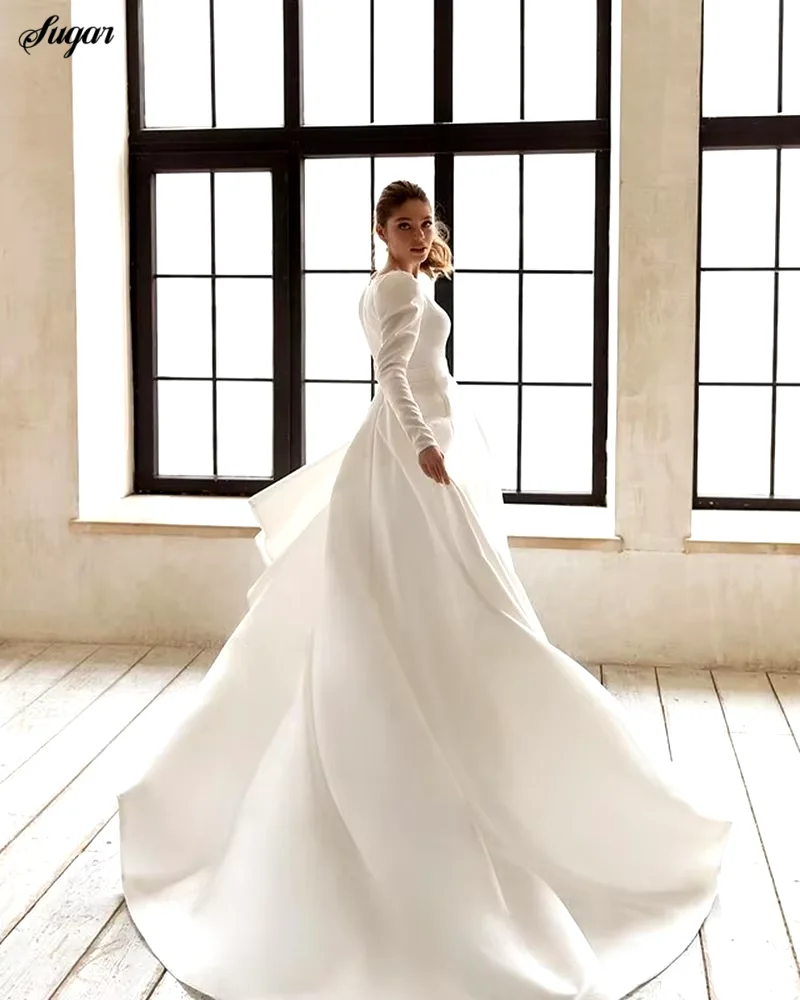 Classic White Satin Wedding Dresses A-Line Bridal Gowns V-Neck Long Sleeves Robes For Formal Party 2024 Vestidos De Novia