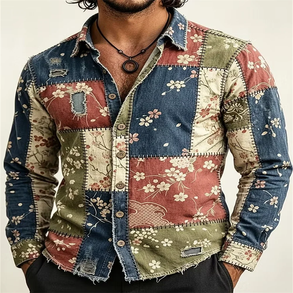 New Chinese Style Cherry Blossom Dragon Print Men's Shirt with Distressed Gold Background Long-Sleeved Casual Shirt