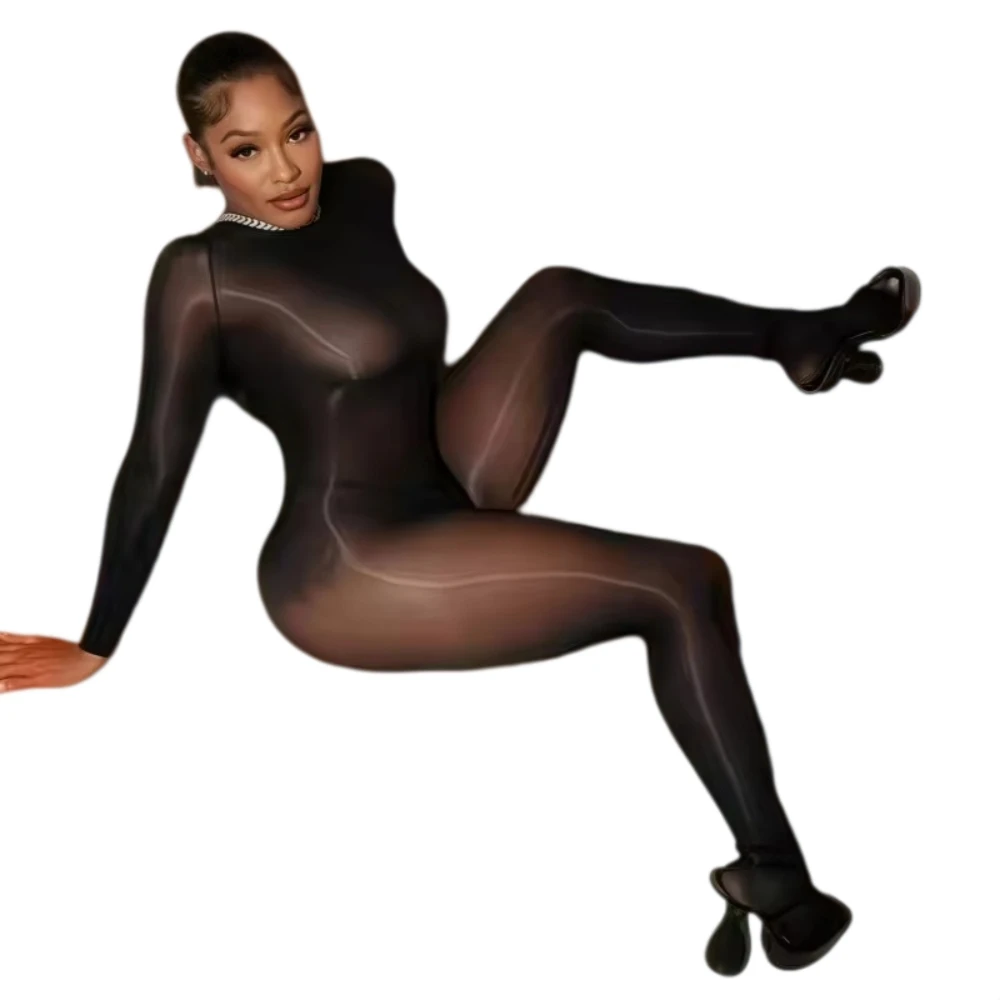 

FAGADOER Summer New Sexy Mesh See Through Bodycon Jumpsuit Woman Long Sleeved Round Neck Rompers Female Party Club Overalls