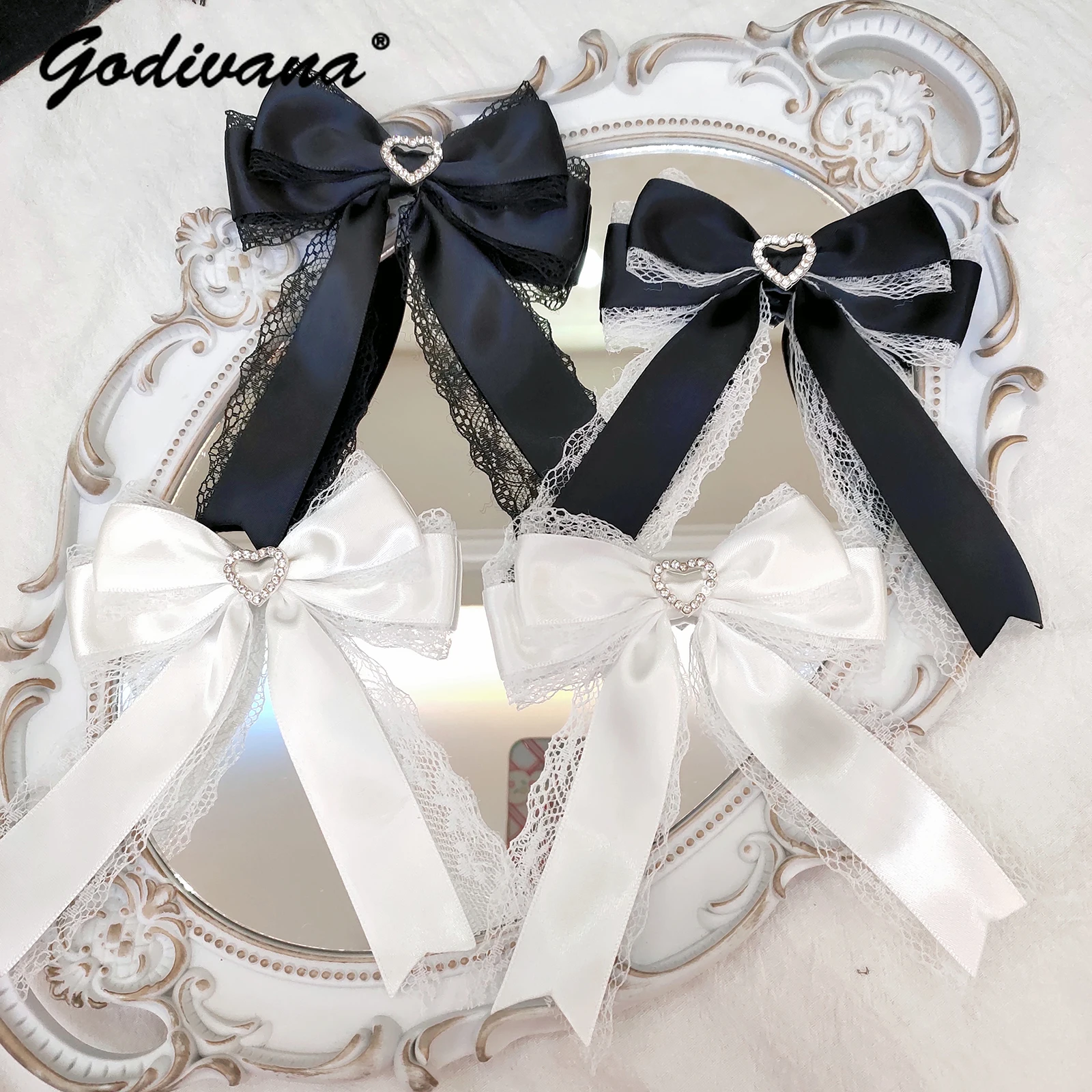 

Handmade Hair Clip Loving Heart Rhinestone Headwear Japanese Style Bow for Girl Lolita Hairpin Sweet Cute Women's Accessories