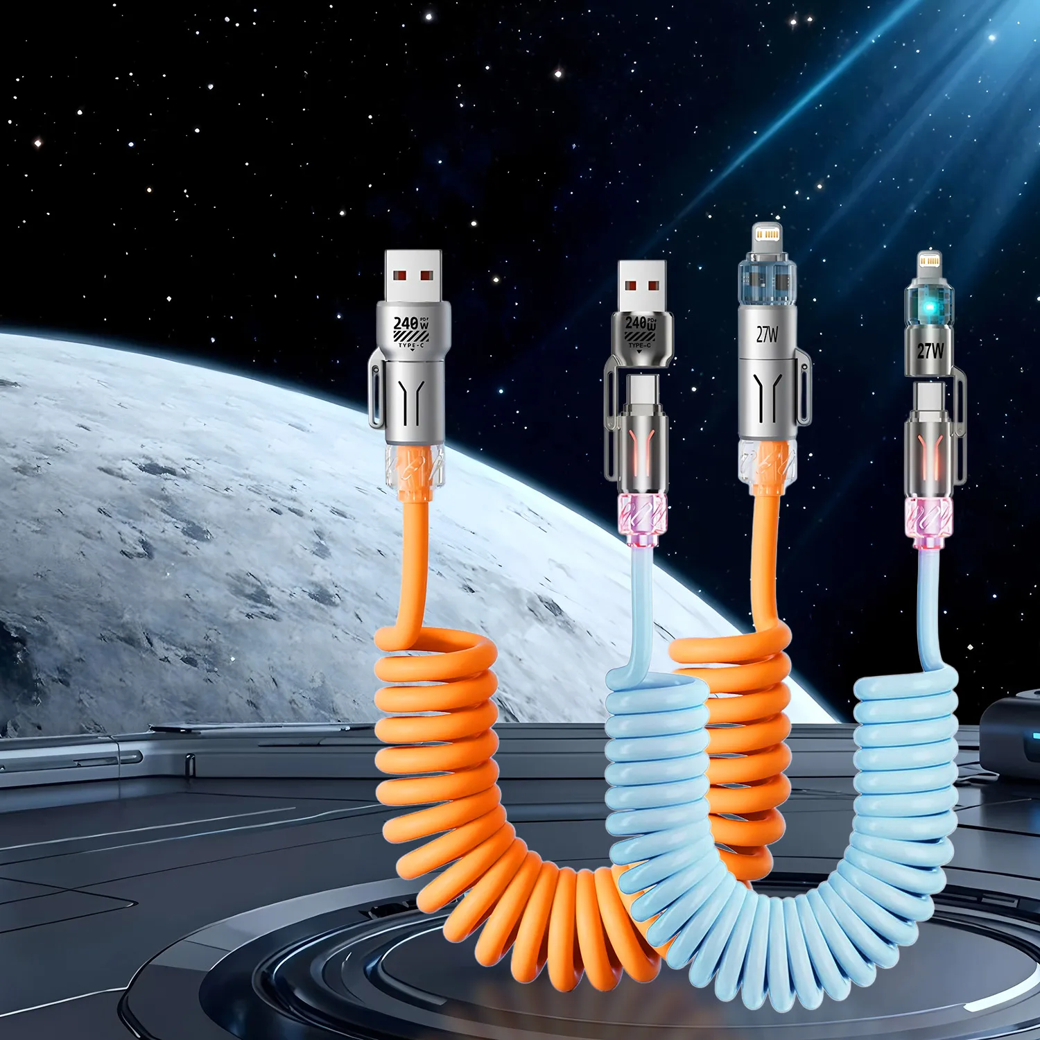 4-in-1 240W USB Type C Silicone Fast Charging Cable, For iPhone Huawei Samsung Xiaomi Durable Type-C To USB A Cable