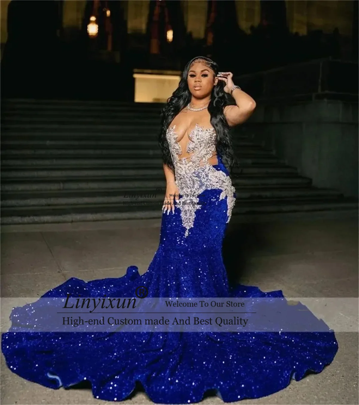 Royal Blue Sequins Beaded Appliques Prom Dresses For Black Girls Sheer Neck Sweep Train Mermaid Evening Gowns Long Party Dress