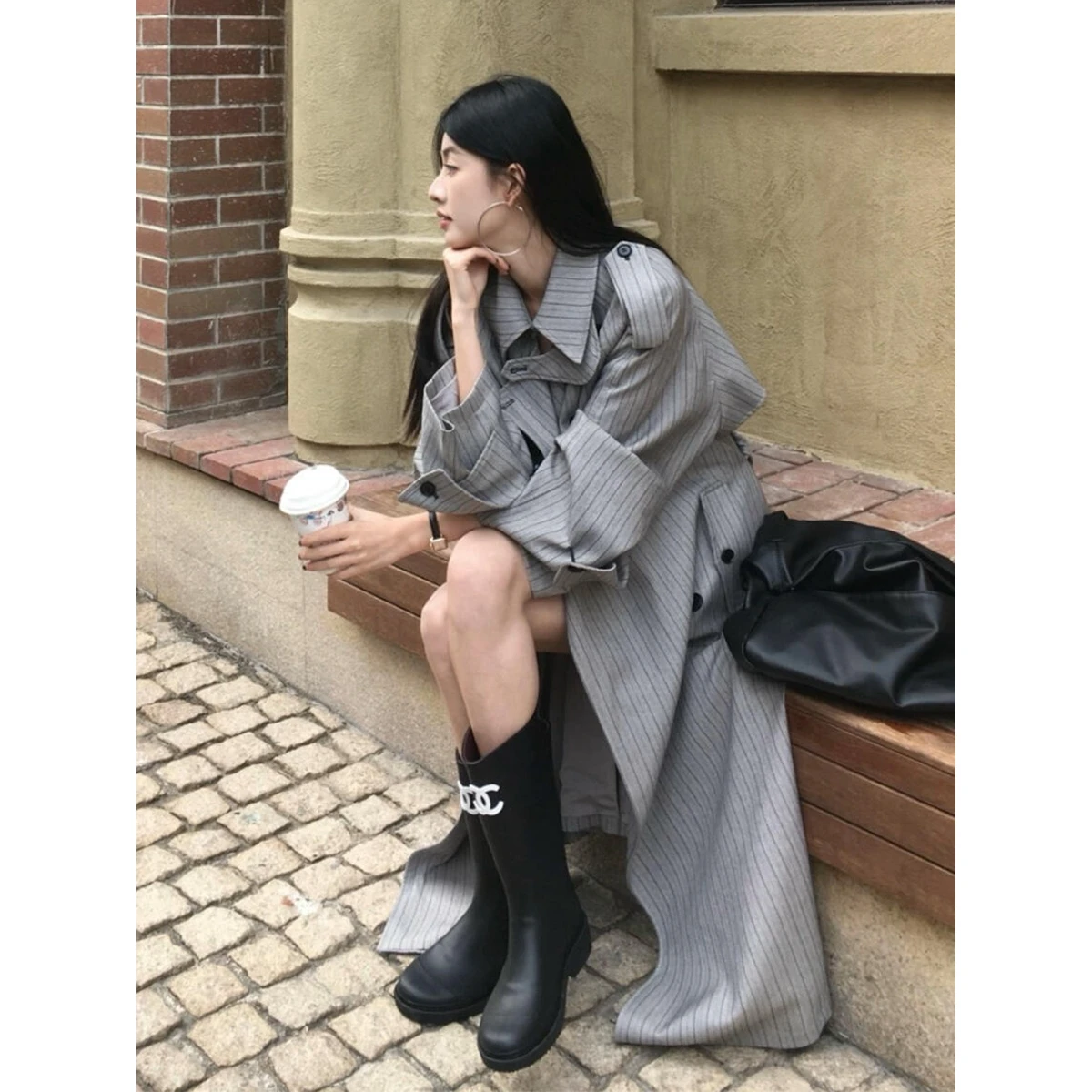 

Женское полосатое пальто-жакет свободного кроя в корейском стиле с поясом, средней длины, весна-осень, новинка, с длинными рукавами и пуговицами