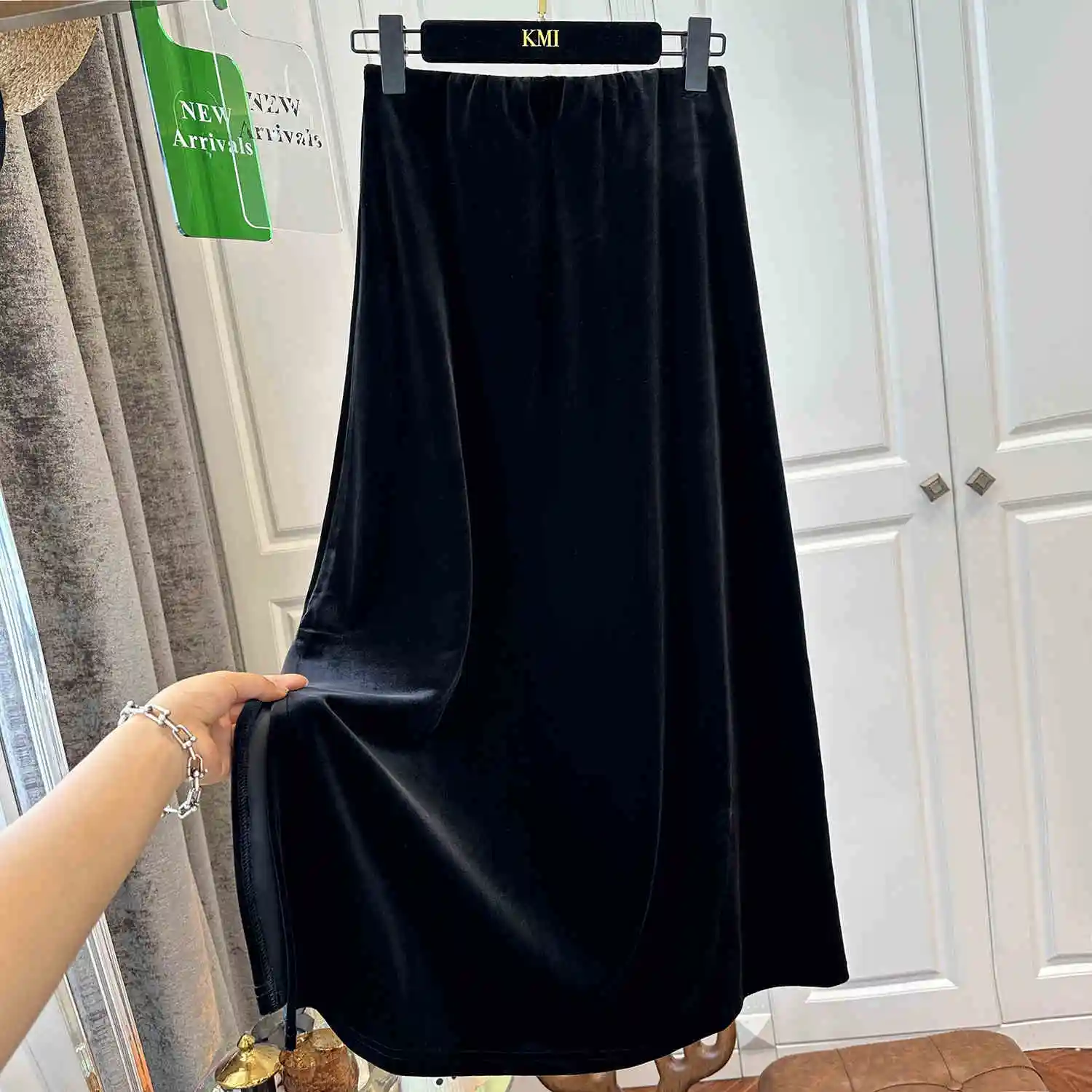 

Ele Bla Velvet A-Line Midi Skirt Faionable Early Autumn New Sle Women's Premium Feel f-length Skirt