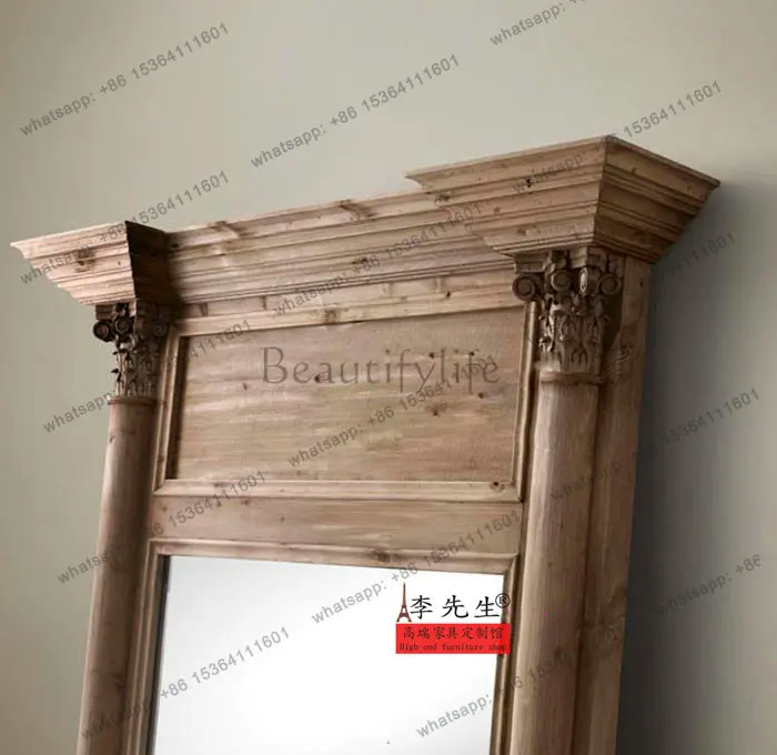 American simple European full-length mirror, European French retro old solid wood carving flower, fitting mirror