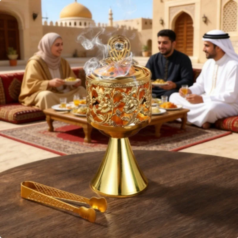 Middle Eastern Golden Filigree Iron Incense Burner Arabic-style Indoor Scented Candle Holder for Decorative