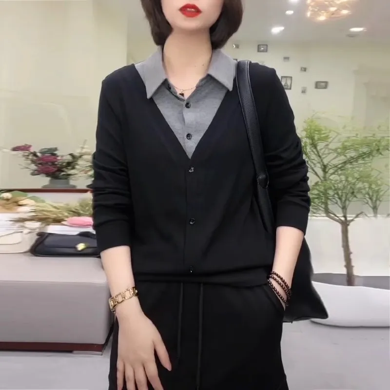 Threaded German Velvet Autumn New Sweatshirt Women Fake Two-piece Long-sleeved Top Fashionable Casual Versatile Base Shirt