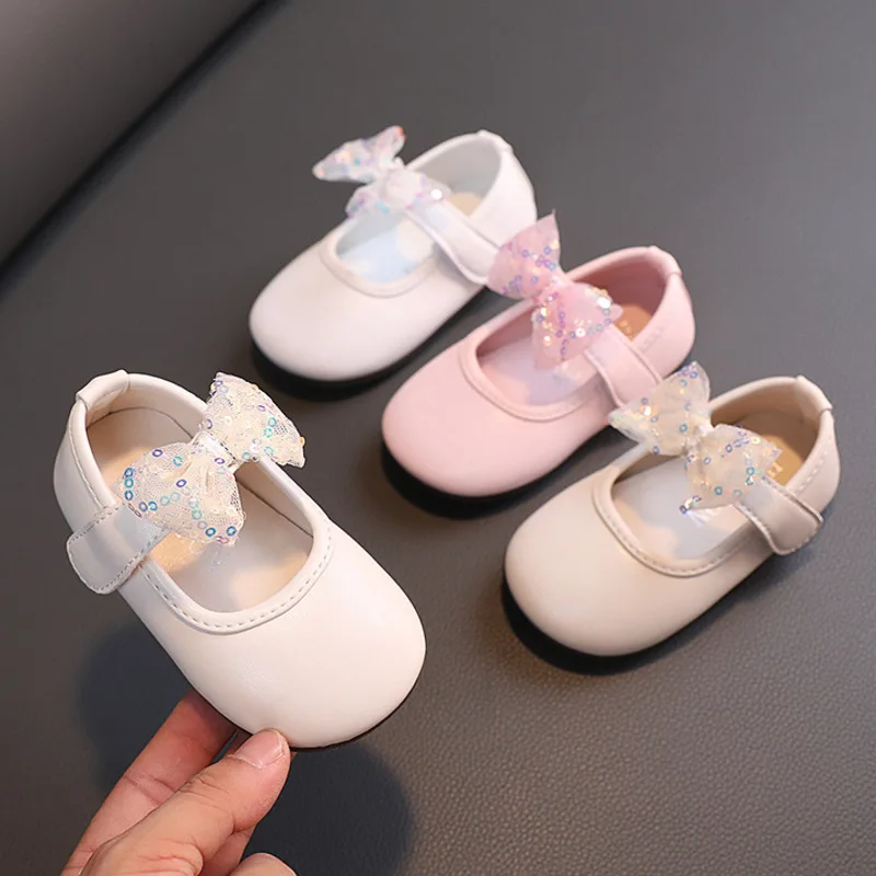 

Bling Bow Baby Girls Flats Shoes Solid PU Leather Hook Loop Kids Princess Shoes Shallow Soft Sole Infant Children Mary Janes