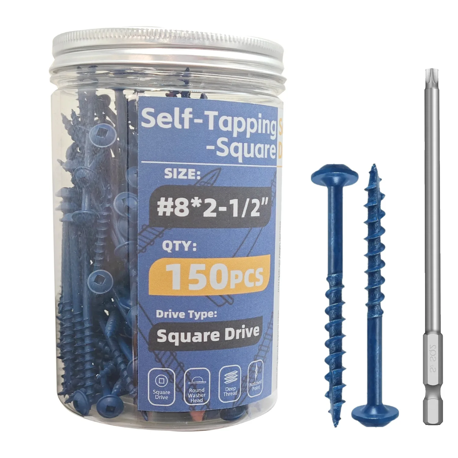 

VKKM 150Pcs #8×2-1/2" Blue Self - Tapping Screws – Square Drive, Coarse Thread, Self - Tapping Tip, for Exterior Wood