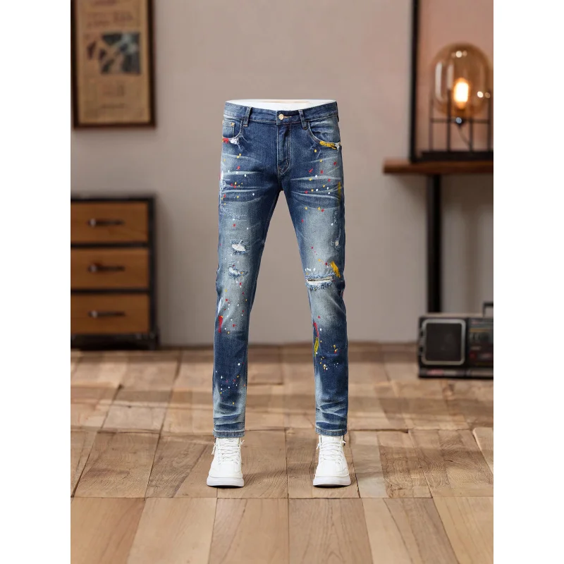 Splash ink paint print design retro blue jeans men's ripped hole 2025 new American slim fit small leg pants