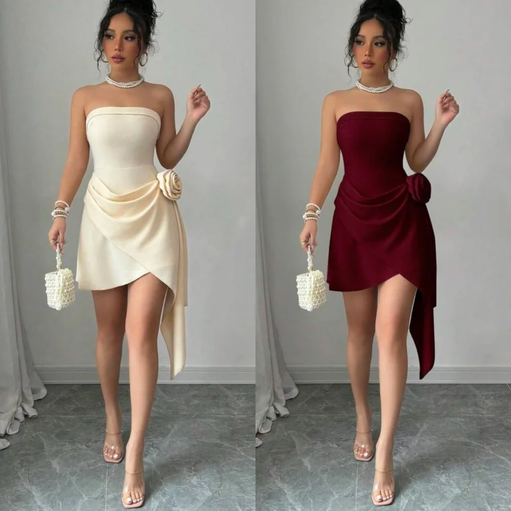 

Customized Chinese Style Sizes Available Jersey Ruched Handmade Flower Straight Strapless Mini Dresses Bespoke Occasion Dresses