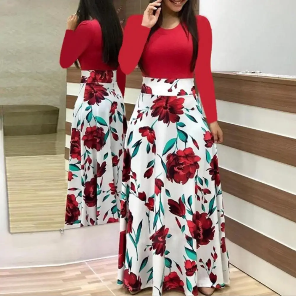 Flower Print Long Sleeve High Waist Women Maxi Dress 2024 European And American Women Large Swing Dress Beach Dresses Sundress