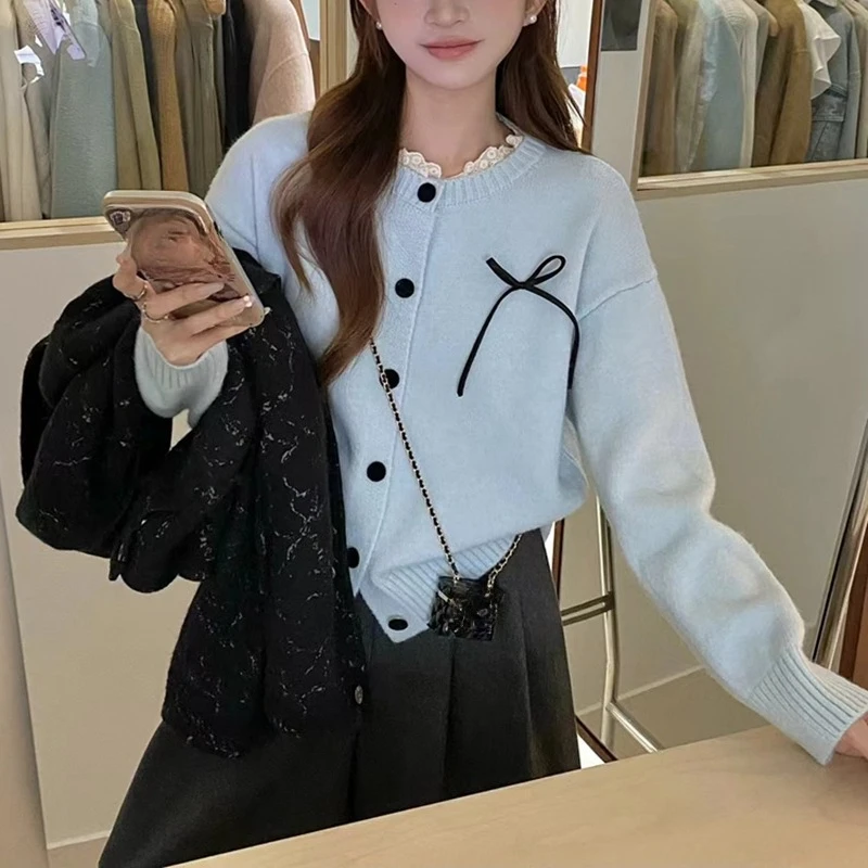 

Harajuku long Sleeve Women Cardigan Sweater Casual loose Chic O-neck Y2k Sweaters Korean blue Lace splicing bow Tops short Coats