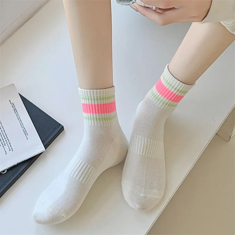 Women Socks Thin New Mixed-Color Casual Striped Breathable Mesh Socks Preppy Style Simple Trendy Casual Basic Girls White Socks