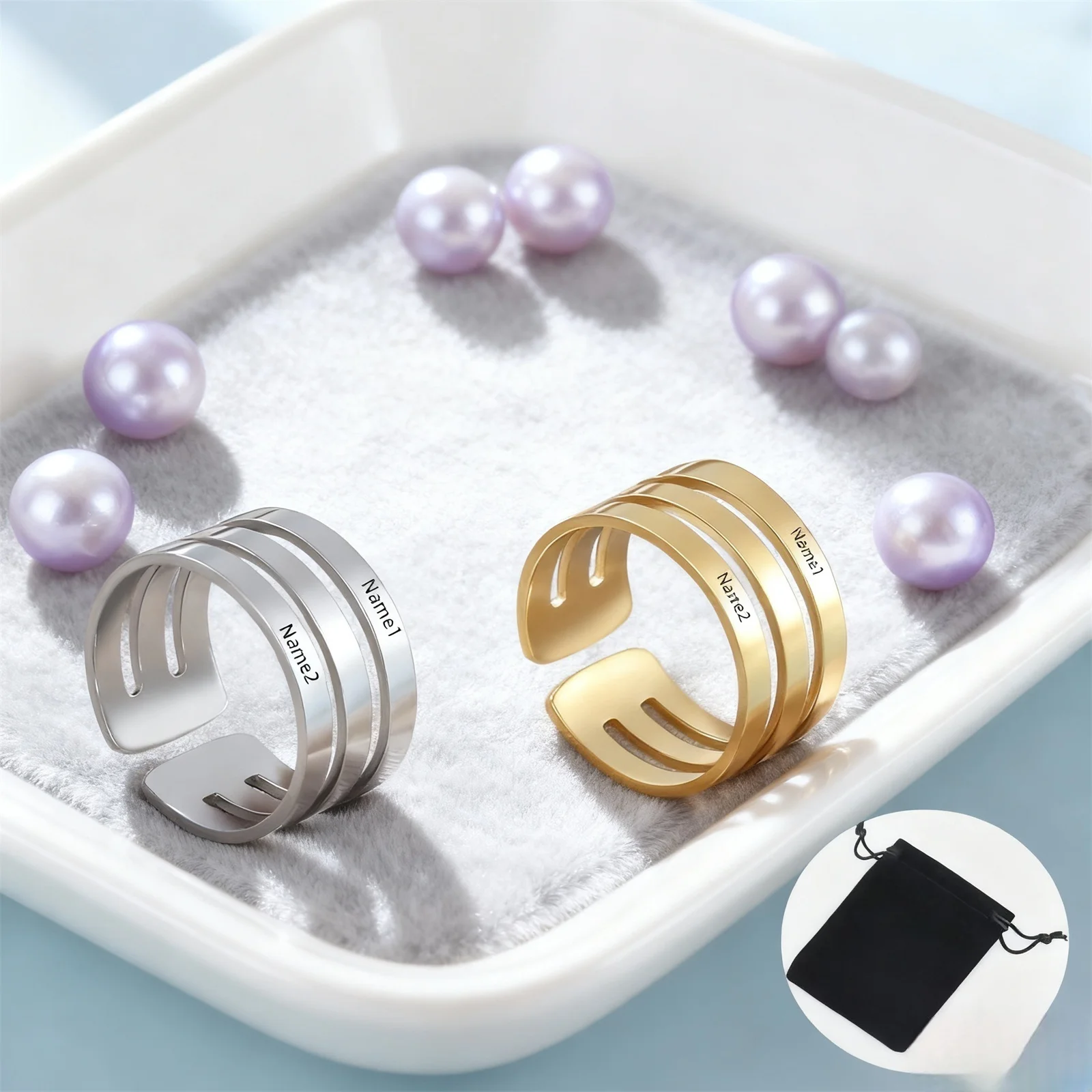 Customized Geometric Name Couple Ring Stainless Steel Open Personalized Carving 1-2 Name Date Ring Fashion Jewelry Family Gift