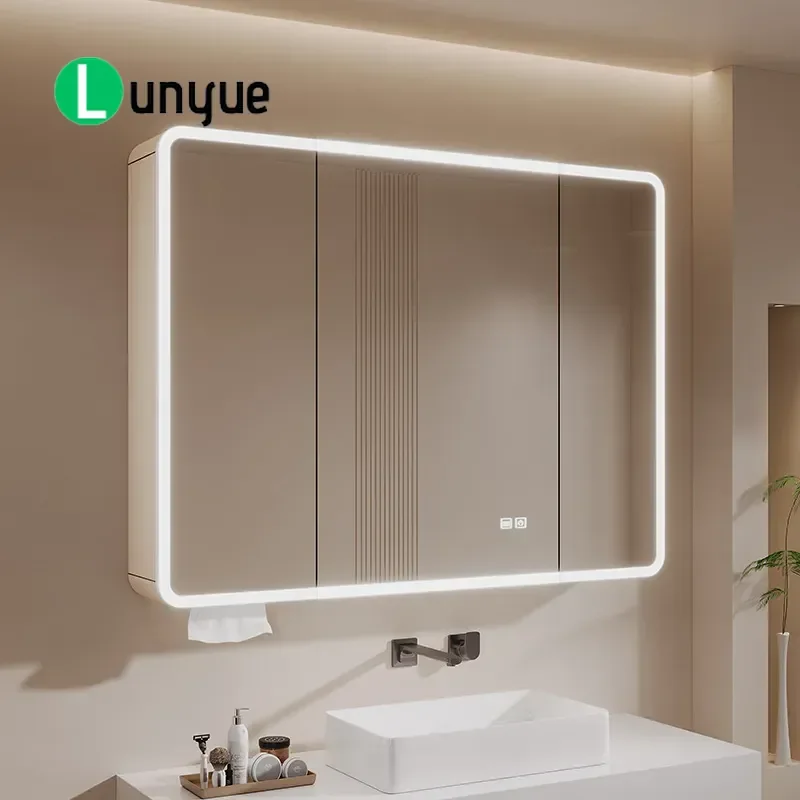 Smart Aluminum Bathroom Mirror Cabinet with Storage Socket and Hair Dryer Holder Fully Sealed Arc Design Space Saving Single