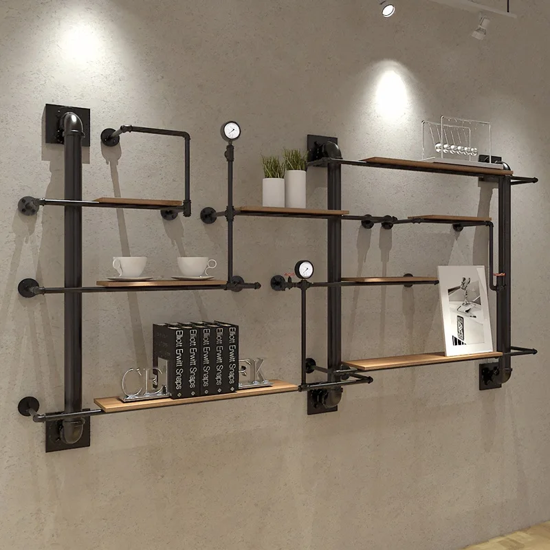 

Retro industrial wind wine rack wrought iron water pipe wall rack wall creative background wall decorative baffle wall hanging