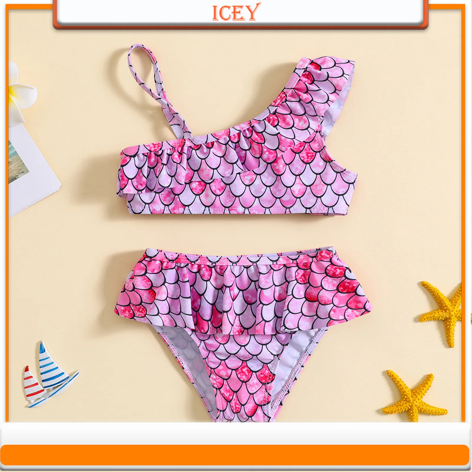 Kids Baby Girl Fish Scale Print One Shoulder Suspenders Pleated Lace Split Set Girls Swimsuit Two-Piece Suits