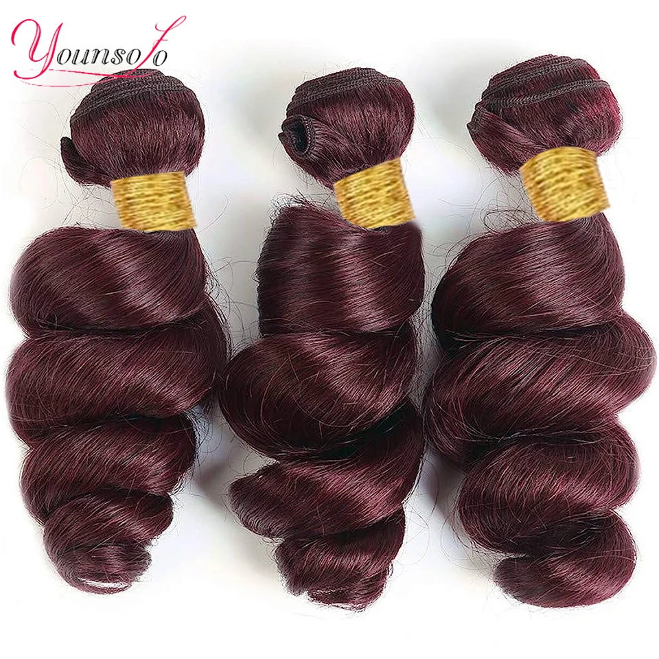 Younsolo Burgundy Loose Wave Bundles 99j Brazilian Human Hair Weave Bundles 30Inch Hair Extensions 1/3/4PCS Loose Wavy Bundles