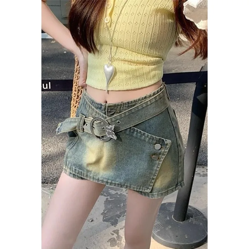 

Summer Low Waist A- Line Mini Skirt Women's Slimming Denim Skirt Asymmetrical Design Cotton Shorts Pants Skirts