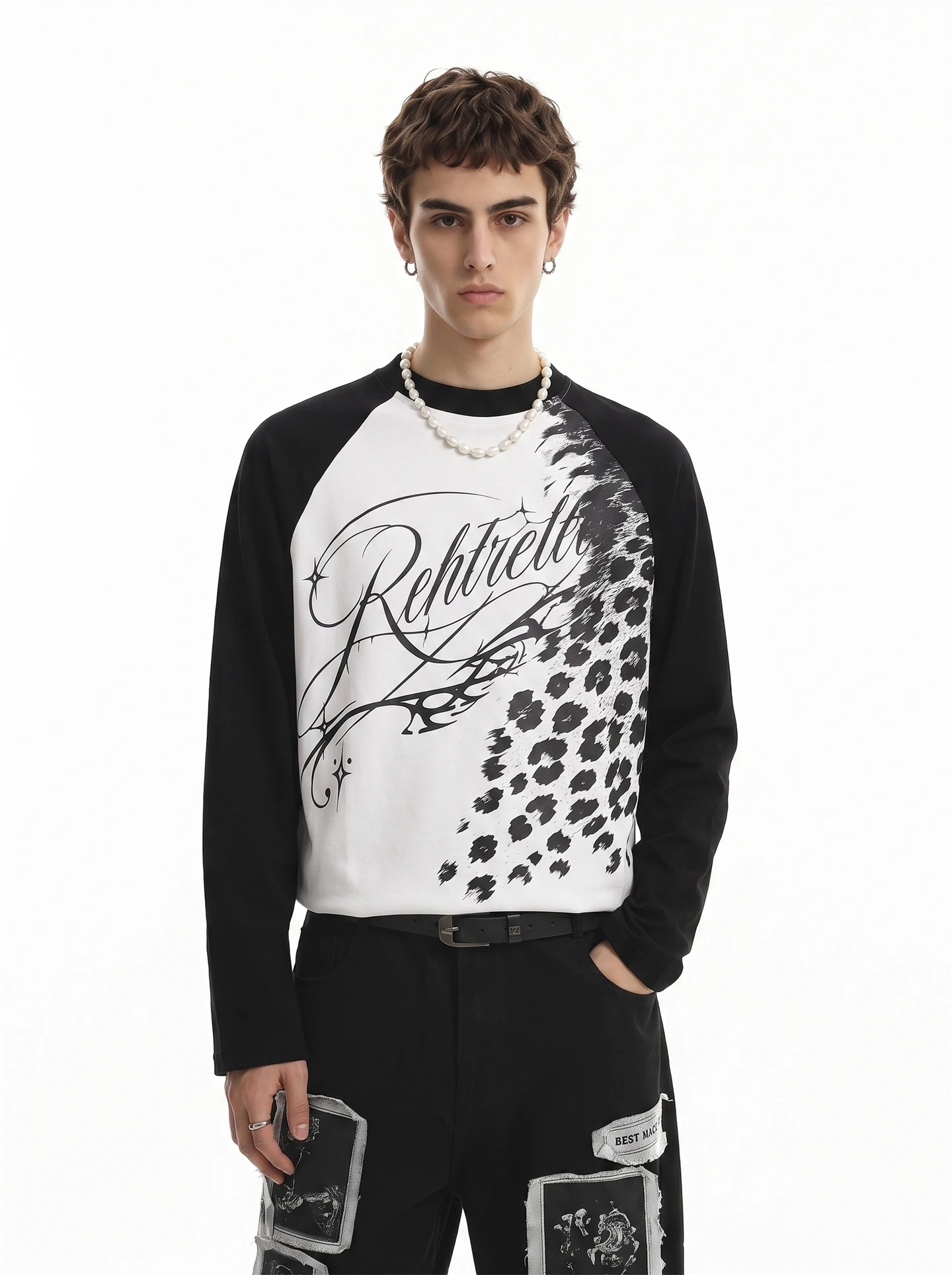 BETEBULE American High Street Letter Print Leopard Pattern Color Block Long Sleeve Men's Vintage Short Wide T-shirt