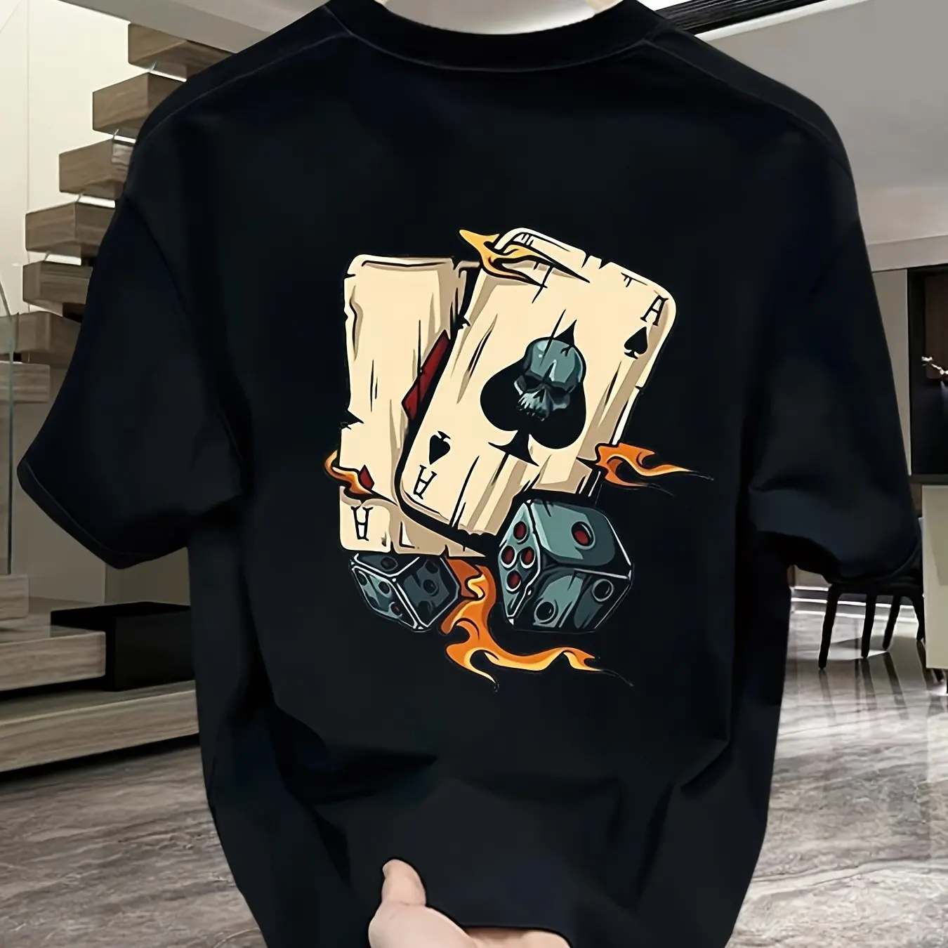 

Men's Summer Pure Cotton Fashionable Casual Loose Creative Poker and Dice Printed Sports Round Neck Short Sleeved T-shirt