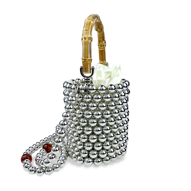 2024 New Product Network Red Bamboo Knot Handle Bag Pearl Chain Mini Bucket Bag