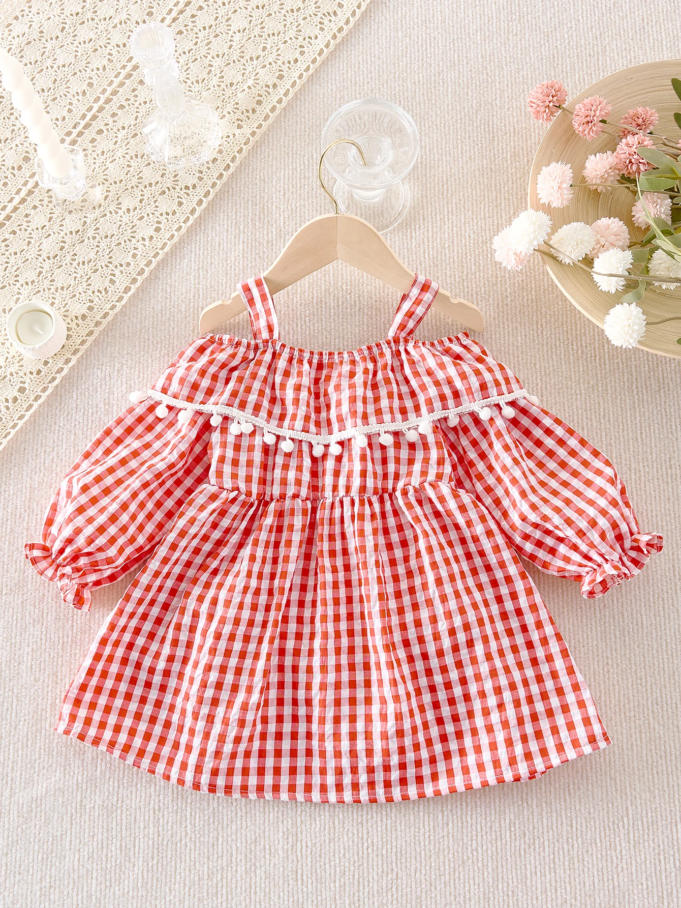 Autumn baby girl off-the-shoulder long-sleeved plaid dress and casual strawberry dress