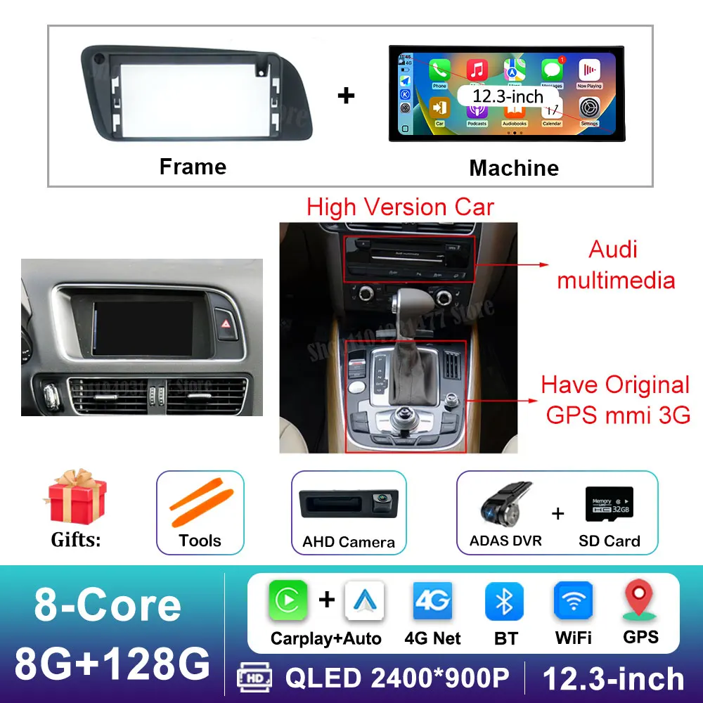 12,3 inch GPS Navigatie Draadloze Carplay Android 16 voor Audi Q5 2009 - 2017 BT Auto Multimedia Video Radiospeler 4G Auto Gereedschap