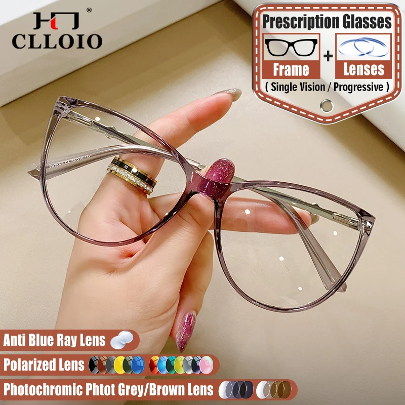

CLLOIO Fashion Cat Eye Anti Blue Light Progressive Prescription Glasses High Quality TR Women Myopia Photochromic Eyeglasses