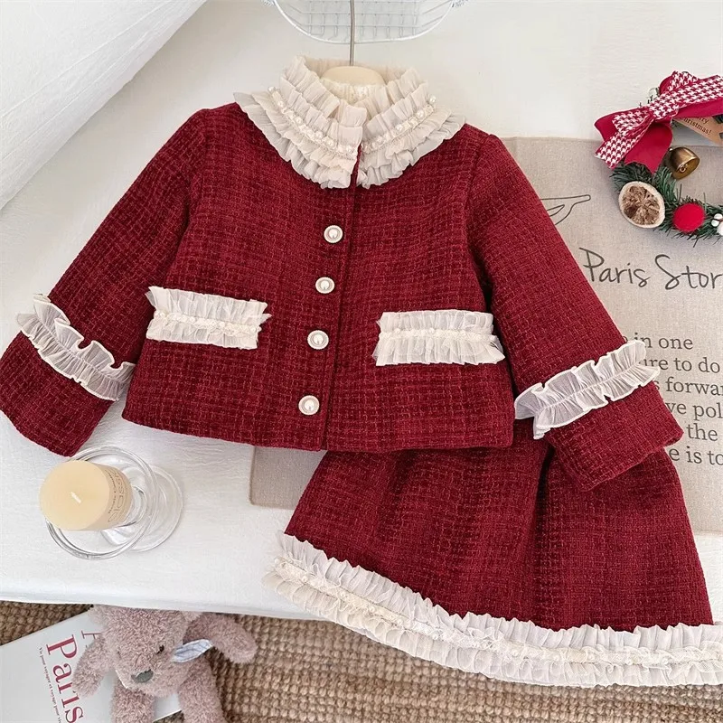 

Girls Dresses Clothing Sets Autumn Winter Children Woolen Thick Coats Skirts Princess Dress Suit For Baby Warm Velvet Outfit Kid