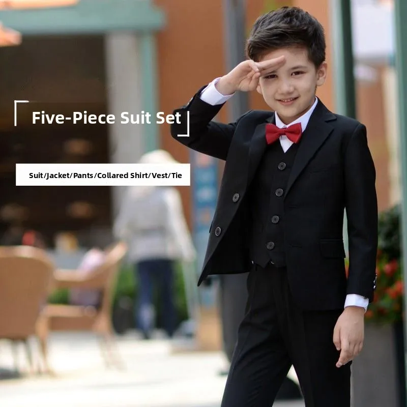 British Style Three-Piece Set Child Groomsmen Autumn Winter Performance Outfit Boys Suit Vest Polyester Cotton Inner Liner