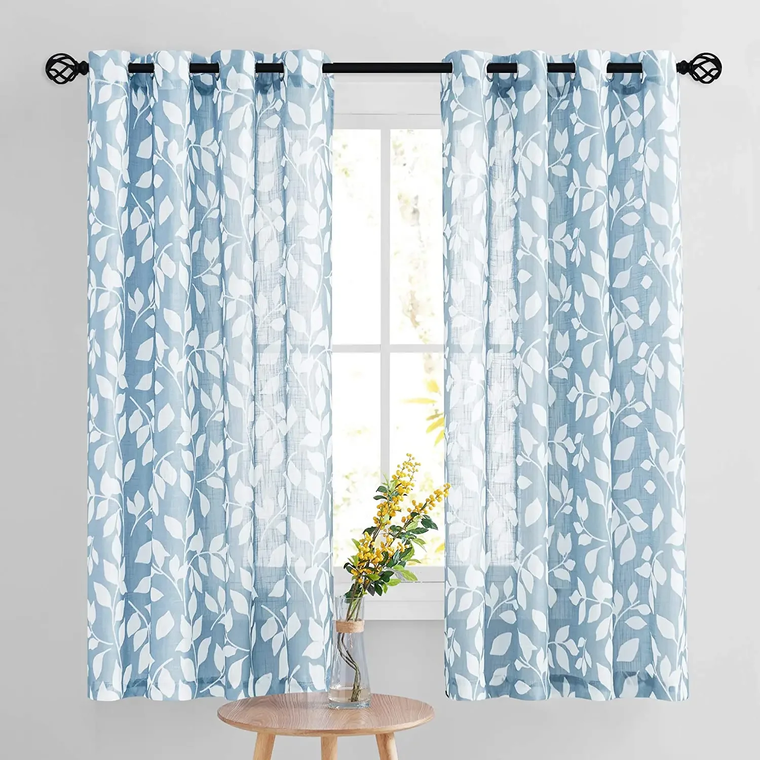 RYB HOME Semi Sheer Linen Curtains Light Filtering Privacy Sheer Voile Drapes White Leaf Printed Bedroom Nursery Doorway Decor