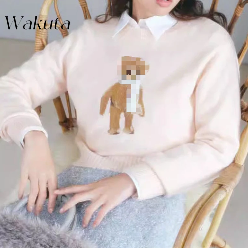 WAKUTA Autumn Winter Long Sleeve Coats Japanese Sweet Cartoon Print Round Neck Short Jumpers Casual Lady Pullovers Кофта Женская