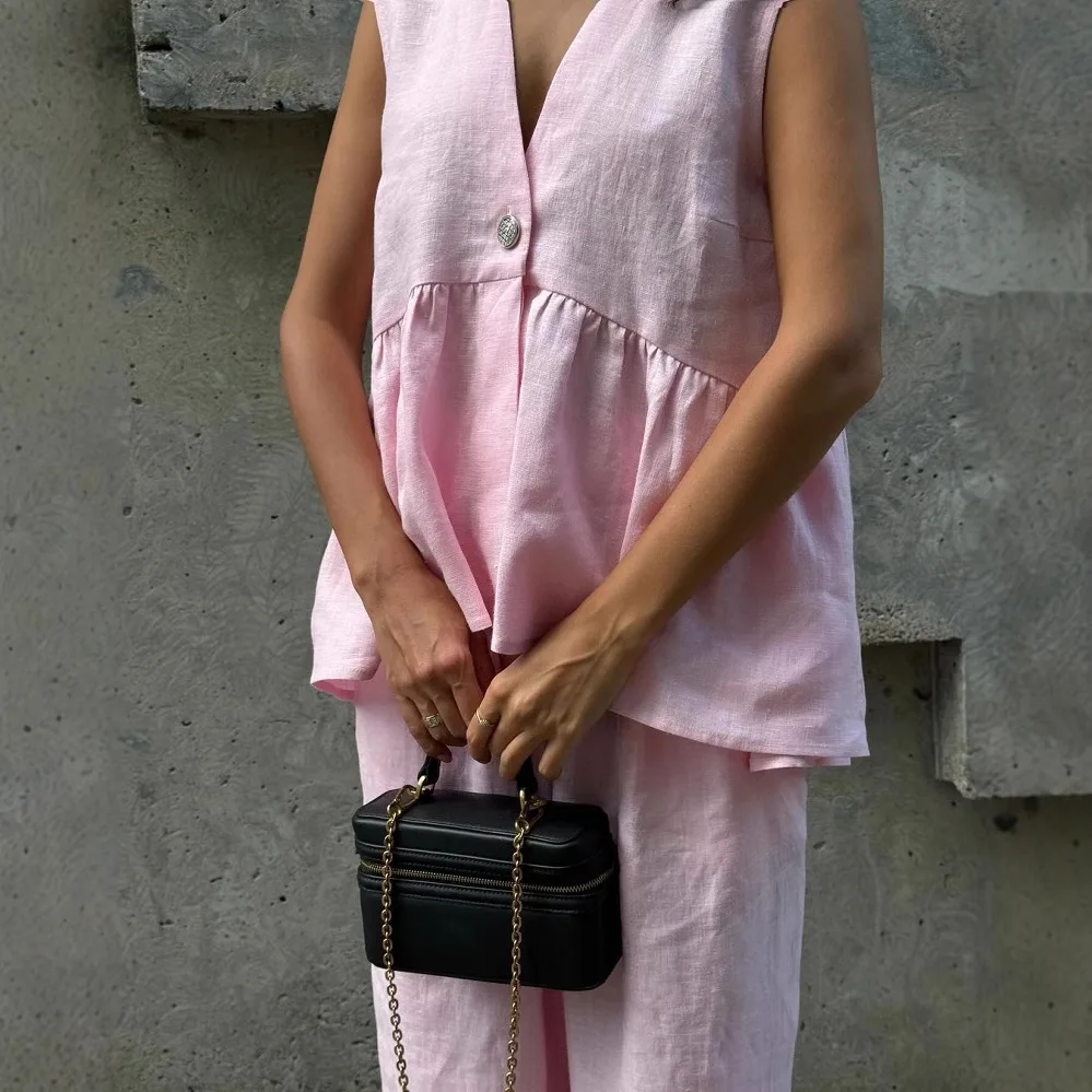 فضفاض الوردي القطن الكتان 2 قطعة مجموعة المرأة الصيف شيك الزي 2025 موضة جديدة بلا أكمام تانك القمم مع ارتفاع الخصر واسعة فستان أطفال مع سروال داخلي