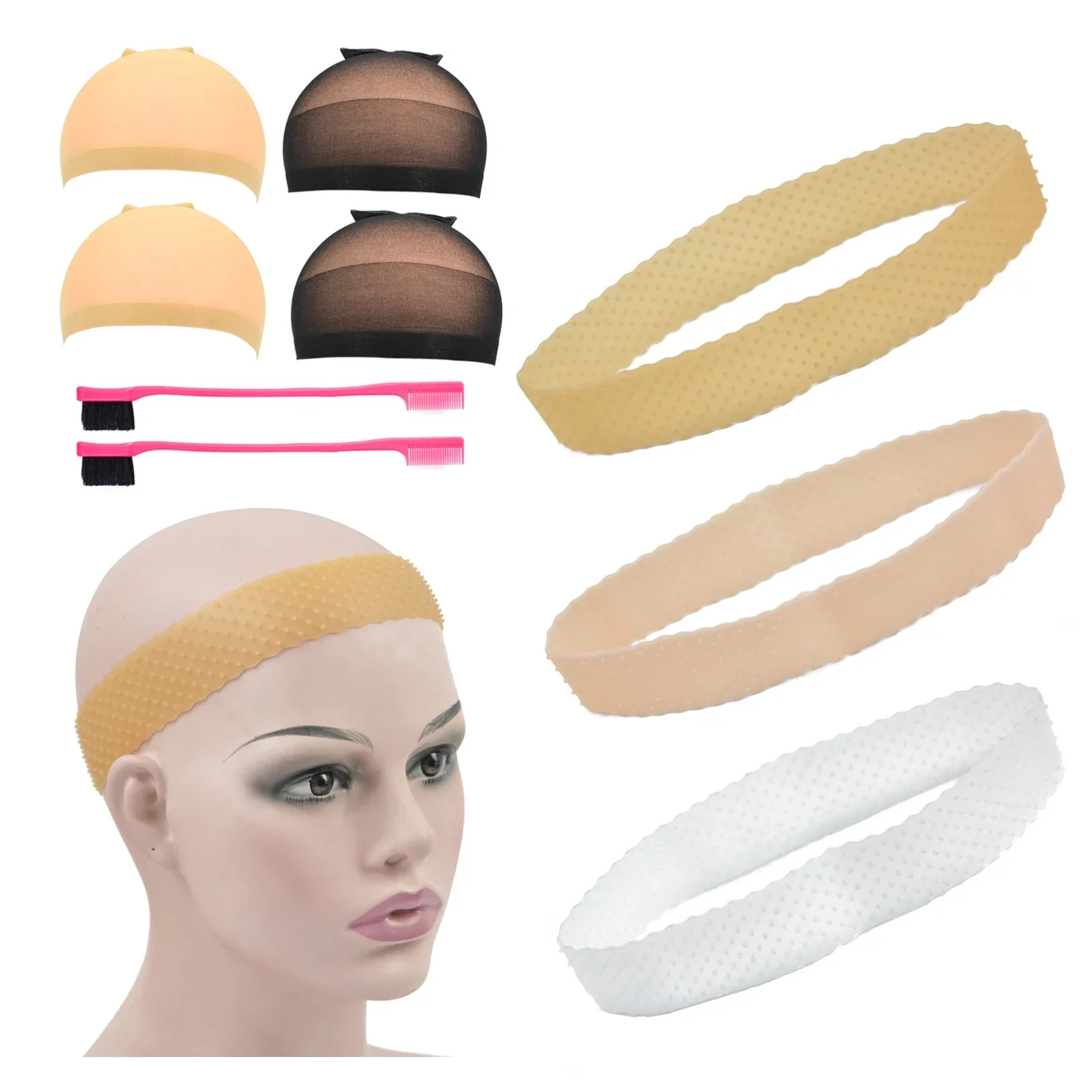 

4 Pcs Wig Stocking Caps and 3 Pcs Silicone Wig Grip Band Non-Slip Elastic Headband for Keeping Wigs Fix Accessories in Place