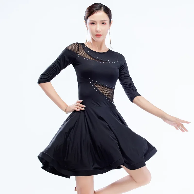 2021 Summer Adult Latin Dress Sexy Mesh Long-Sleeved New Fashion Dance Dress Performance Practice Ballroom Tango Cha Cha Clothes