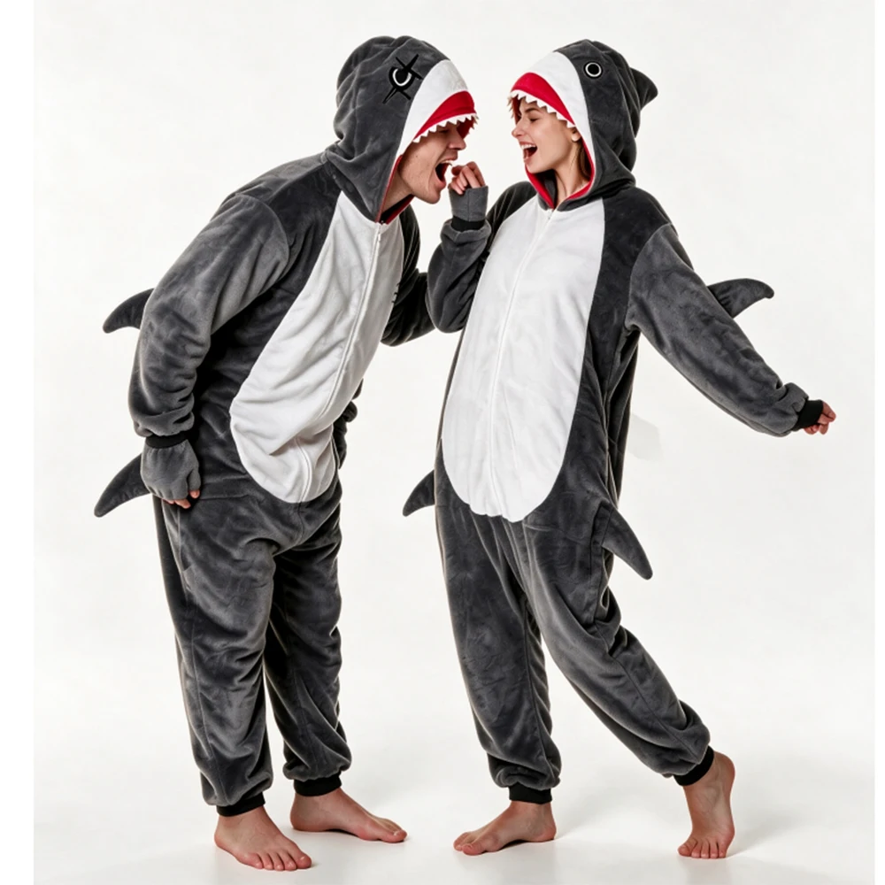 Onesie Scar Shark Cartoon jumpsuit, dark gray flannel animal shaped home outfit, party cosplay, role-playing nightgown