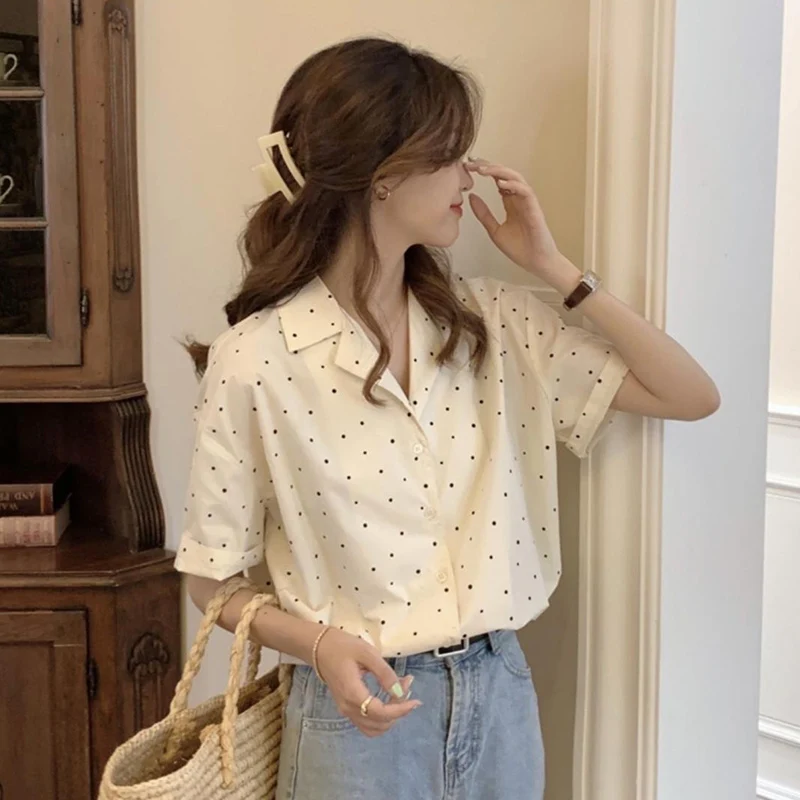 Summer Fashion Commuting Comfortable Breathable Polka Dot Loose Short Sleeved Shirt Women\'s Niche Lapel Casual Young Style Top