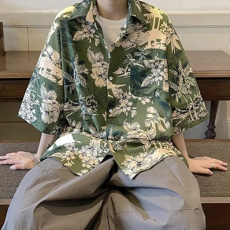 

New Retro Print Men's Fashion Trendy Brand Loose Casual Flower Short-sleeved Shirt