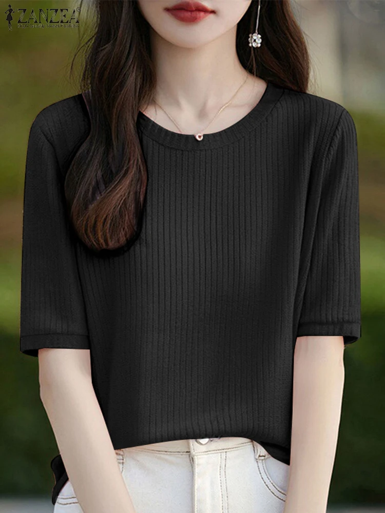 

ZANZEA Women Blouse Summer Elegant Short Sleeve Work OL Shirt Casual O Neck Blusas Stylish Solid Pleated Holiday Tops Tunic 2025